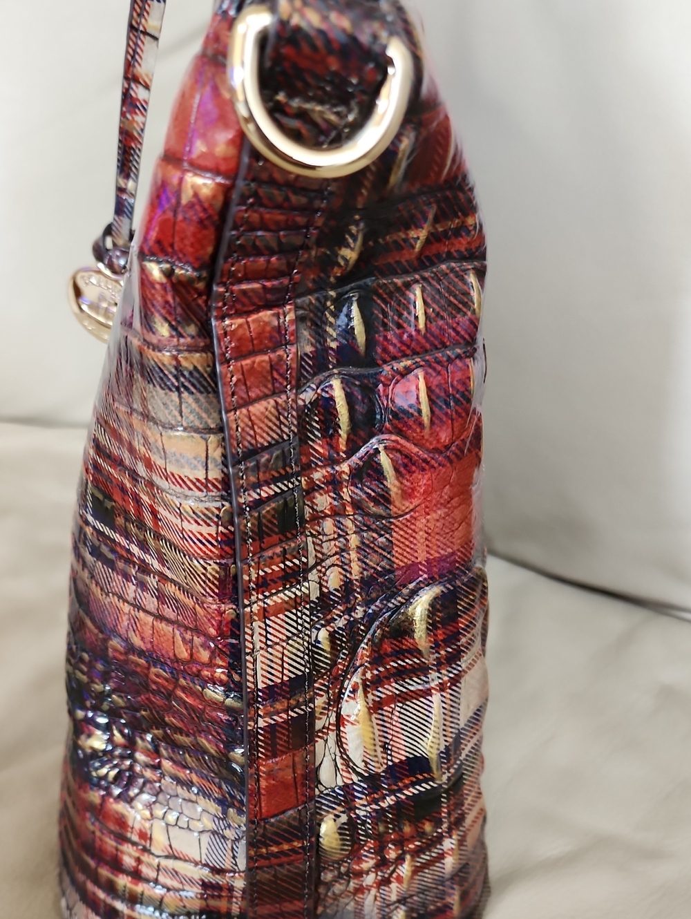 Brahmin Women's Multi-Color Plaid Croc-Embossed Satchel Preowned - Picture 5 of 12